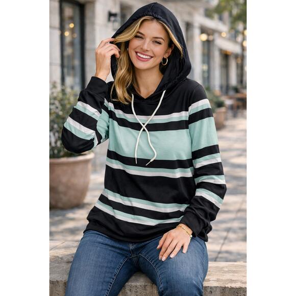 Tops - Women's Black White Green Stripes Color Block Hoodie Long Sleeve Shirt